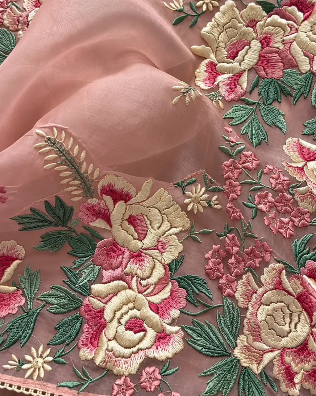 A close-up of peach-pink embroidered fabric featuring large floral motifs in cream, pink, and green, with a sheer matching fabric draped behind it.