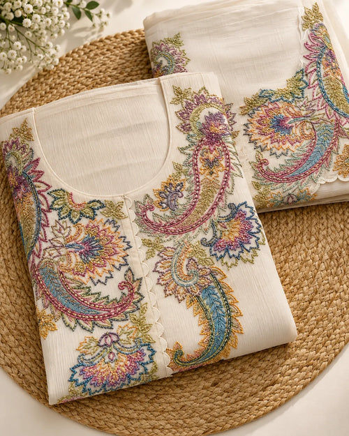 Two folded off-white embroidered kurtis with colorful paisley and floral motifs, arranged on a round woven jute mat with small white flowers in the corner.