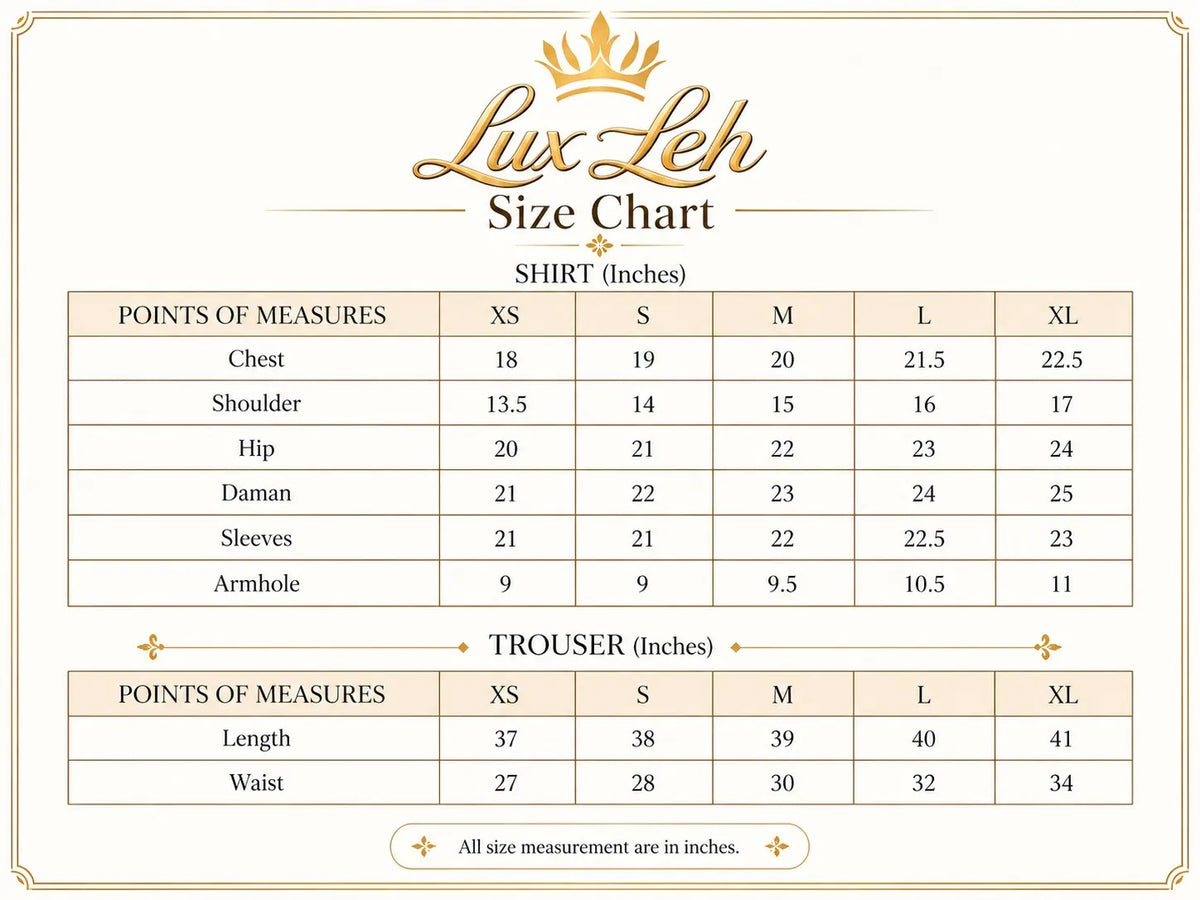 A size chart graphic for Lux Leh women's apparel, showing measurements in inches for sizes XS through XL in a clean table layout with chest, shoulder, hip, sleeves, armhole, length, and waist measurements.